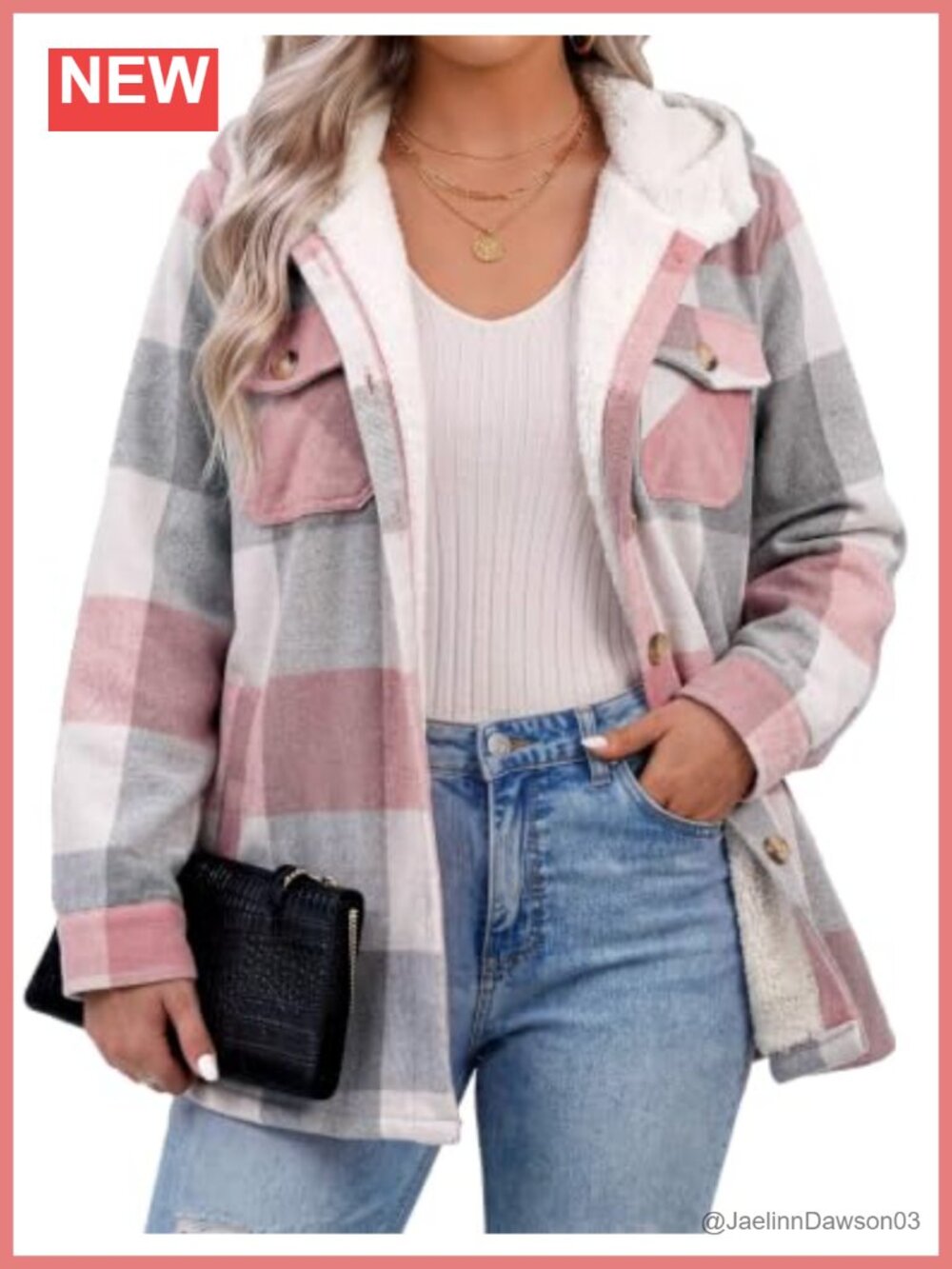 Womens Plus Size Plaid Shacket Fleece Hooded Warm Coat Button Down